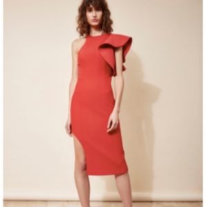 C/Meo formal asymmetric red dress with ruffle sleeve and slit. Size small. Great